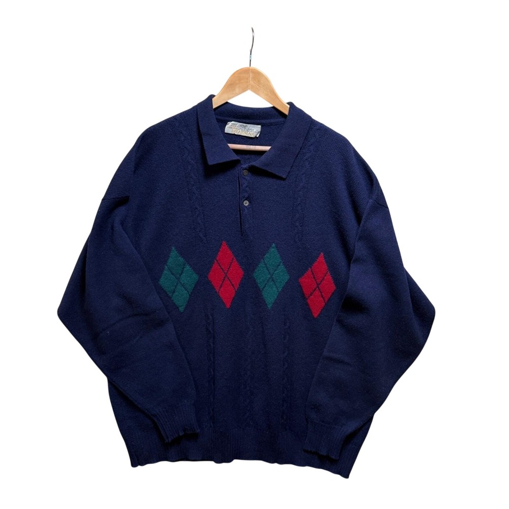VTG‎ Braemar Scotland 100% Pure Lambswool Argyle Polo Sweater Navy XL Scotland